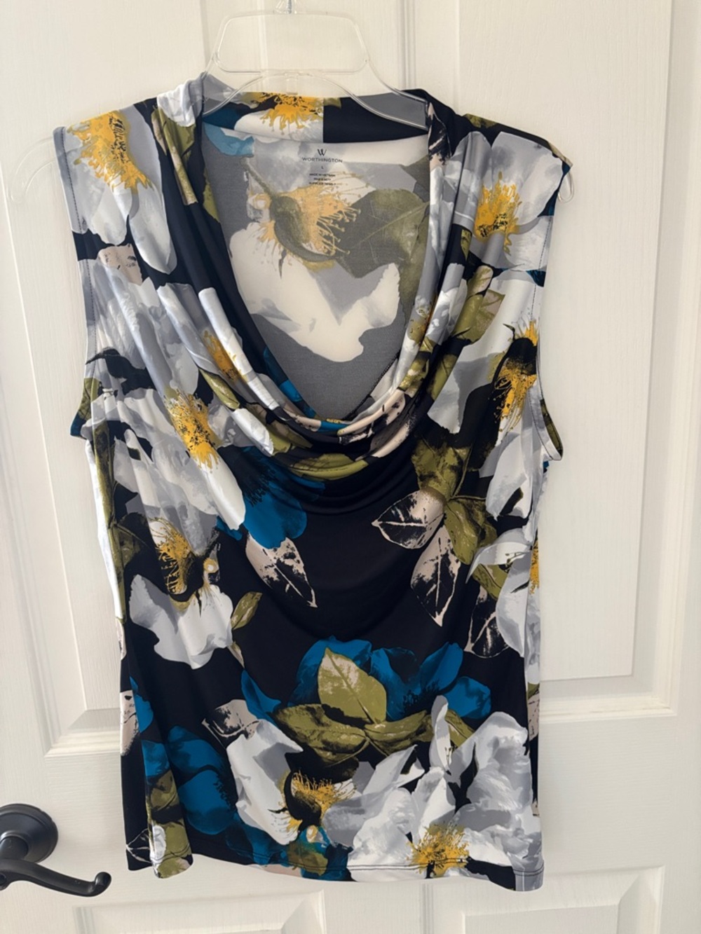 Worthington Floral Print Blouse in White, Blue, Yellow, Olive